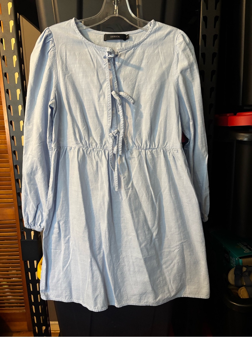 Zessica Light Blue Long-Sleeve Casual Tie-Front Dress